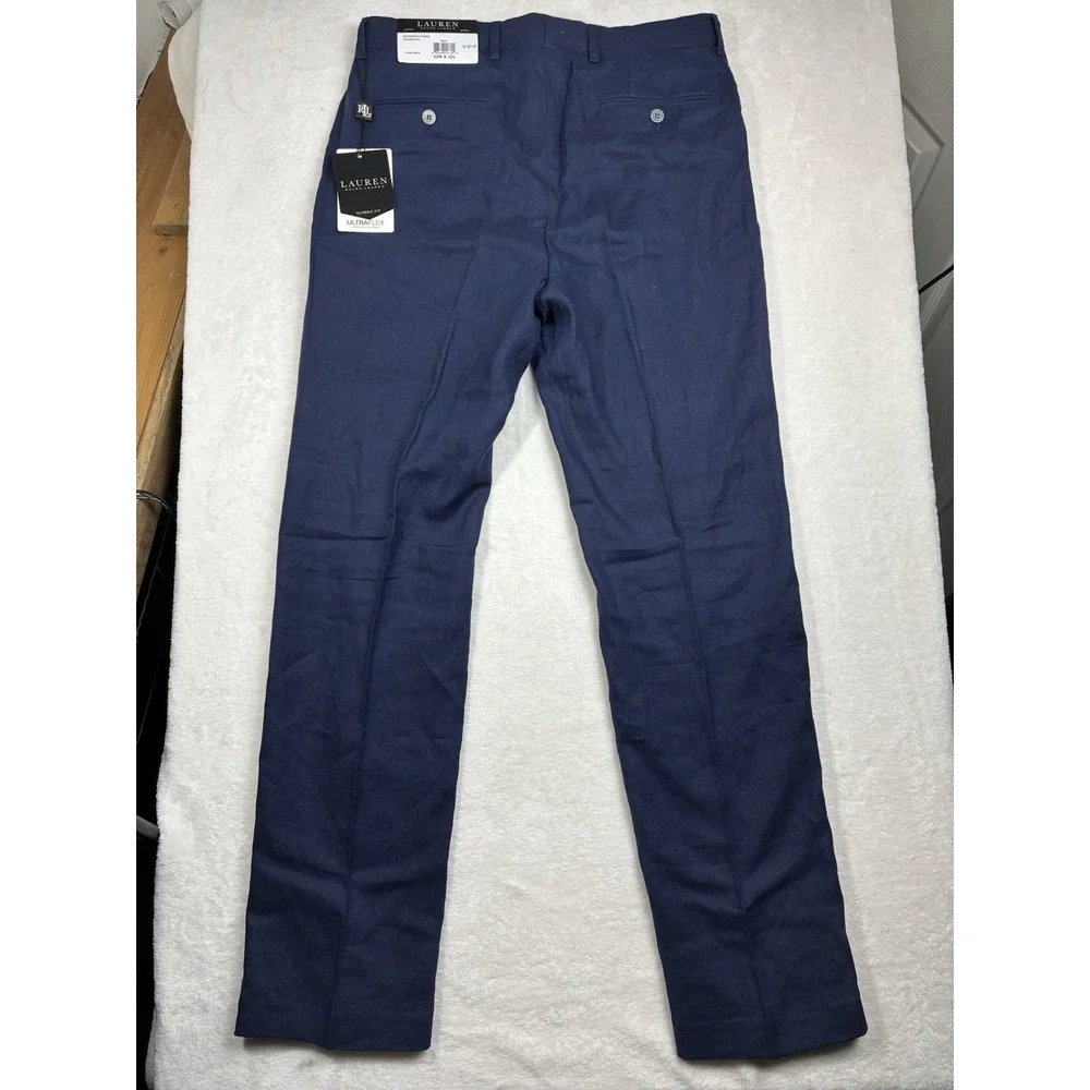 NWT Mens Lauren Ralph Lauren Men Ultra Flex Classic Fit Navy Linen Pants 32x32